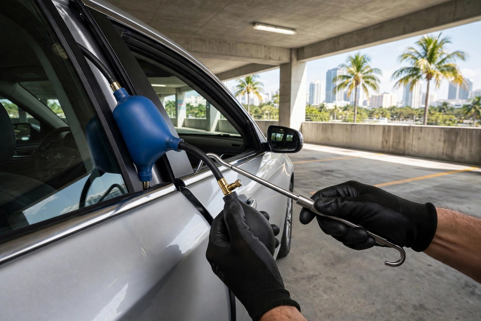 Car lockout service in Wynwood — locksmith opening a car door without damage