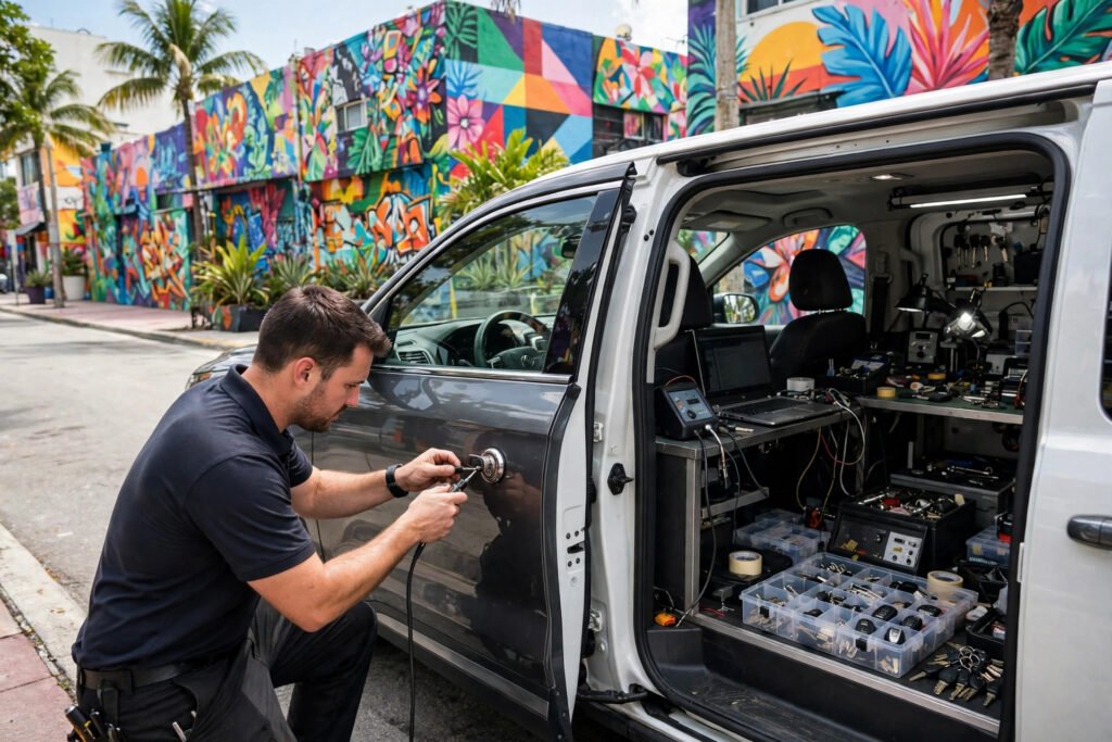 Mobile locksmith in Wynwood, Miami — technician and service van with key programming equipment
