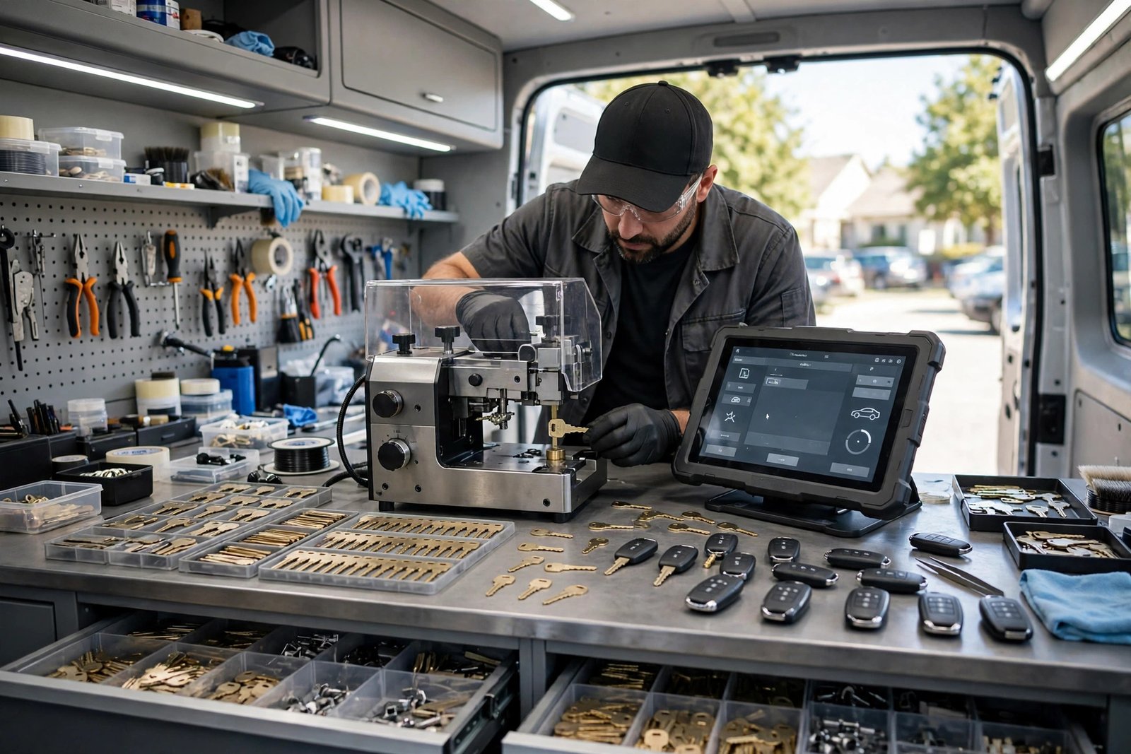 Car key replacement in Wynwood — cutting and programming a new key in a mobile locksmith van