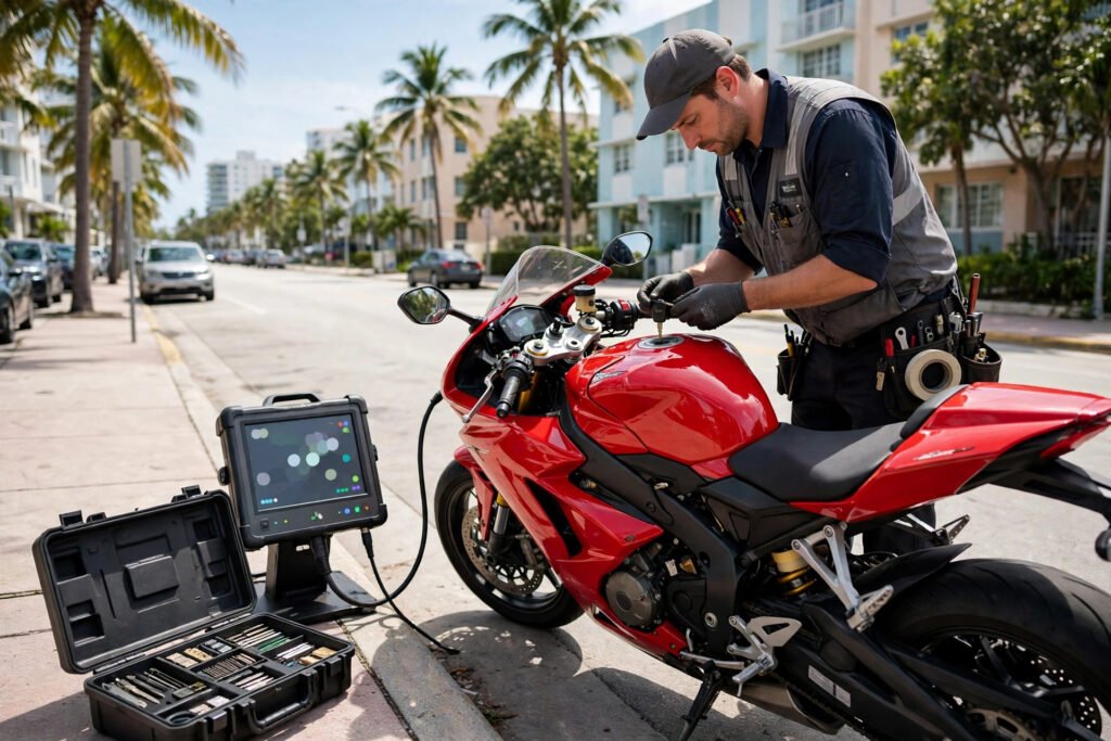 Motorcycle key replacement in Wynwood, Miami — programming a chipped key for a sport motorcycle